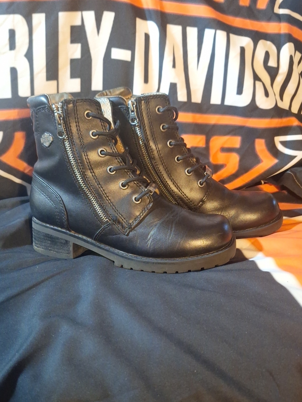 Harley-Davidson Black Leather Lace-Up Ankle Boots with Side Zips